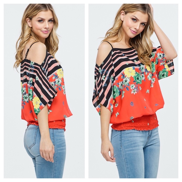 Tops - Off Shoulder Floral and Stripe Woven Top Tops - Off Shoulder Floral and Stripe Woven Top